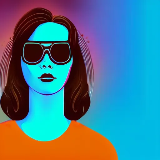 Image similar to a woman with light blue shutter shades in front of a sunset, a dark brown leather jacket, one side brown haircut with blue ends, vector art by jan tengnagel, pixabay contest winner, retrofuturism, retrowave, synthwave, outrun, portrait, synthwave