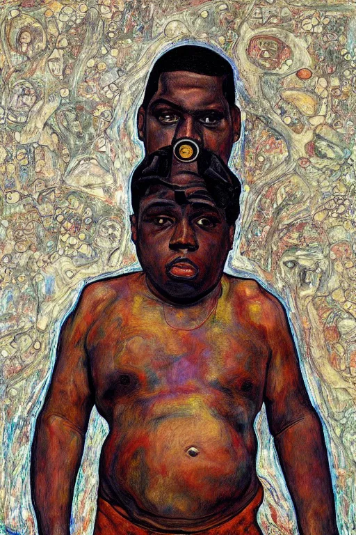 Image similar to a full body portrait of notorious b. i. g. in style of egon schiele, herakut and gustav klimt, masterpiece, hyperdetailed, complex, intricate, 4 k, trending on artstation