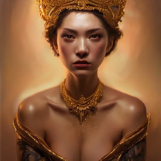 Prompt: expressive oil painting, of alluring european princess, annoyed look, smooth glowing skin, glistening body, love, adoration, sweat, tattoos, ornate headpiece made of beads, glamour shot, by yoshitaka amano, by greg rutkowski, by jeremyg lipkinng, by artgerm, digital art, octane render, grunge aesthetic