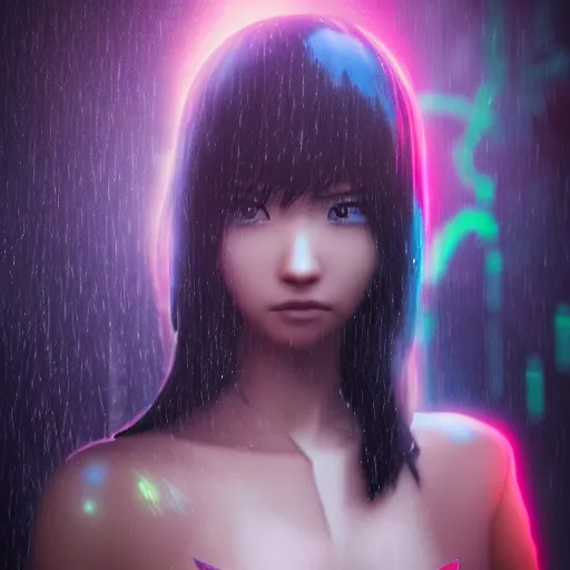 Prompt: anime woman portrait made out of rain, beautiful, stylish suit, cyberpunk background, neon, rendered in octane, unreal engine, matte painting, sharp focus, trending on artstation, futuristic, space, realistic