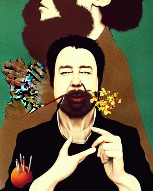 Image similar to portrait of bill hicks smoking, art by ( ( ( kuvshinov ilya ) ) ) and wayne barlowe and gustav klimt and artgerm and wlop and william - adolphe bouguereau