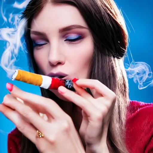 Prompt: a beautiful pale skinned brunette smoking a cigarette with multicolored smoke. Dslr close up publicity shot.
