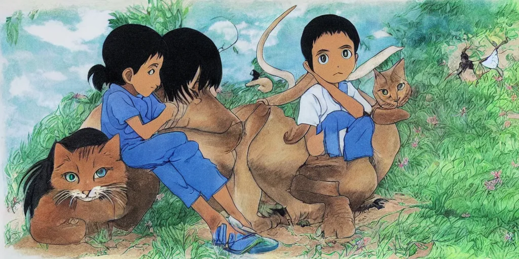 Image similar to , sri lankan kid and cat, drawn by hayao miyazaki