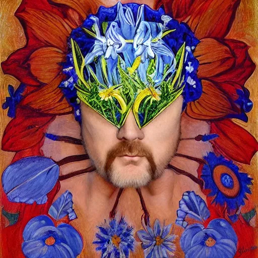 Image similar to masterpiece painting of a doug stanhope made of stylized flowers, by annie swynnerton and jean delville and tino rodriguez, flower mask, art deco shaman, symbolist, dramatic lighting, god rays, elaborate geometric ornament, clean crisp graphics, soft cool colors, smooth, sharp focus, extremely detailed