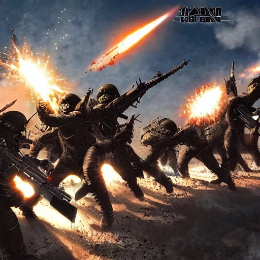 Image similar to science - fiction futuristic apocalyptic war scene with explosions, soldiers firing, iron maiden style
