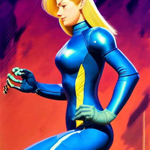 Image similar to head and shoulders portrait of Zero Suit Samus, illustration, medium shot, intricate, elegant, highly detailed, digital art, sharp lines, ffffound, art by Gil Elvgren and Fernanda Suarez and Greg Manchess and Sachin Teng