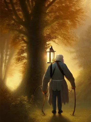 Prompt: a sad old master, full white beard, walking with a lantern and a staff tought the woods. intricate, elegant, highly detailed, digital painting, artstation, concept art, sharp focus, illustration, by justin gerard and artgerm, 8 k