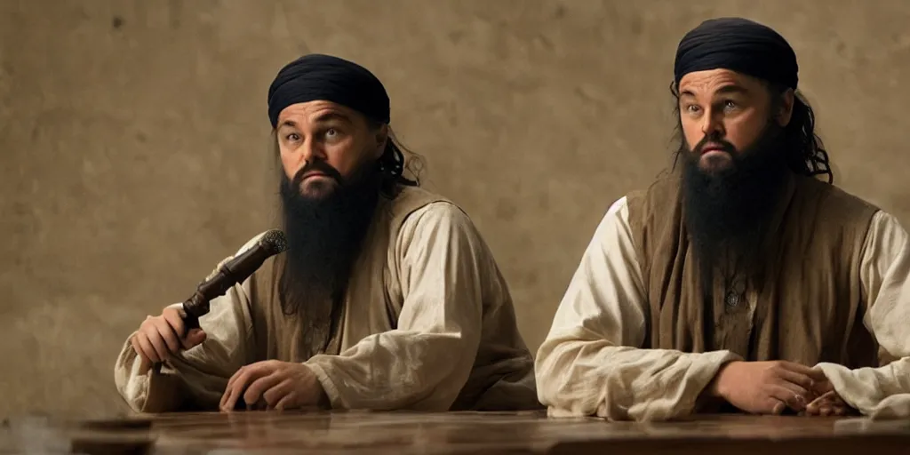 Prompt: Leonardo DiCaprio as Osama Bin Laden in 'Bin' (2024), movie still frame, oscar nominated cinematography, volumetric lighting, 8k resolution, beautiful composition