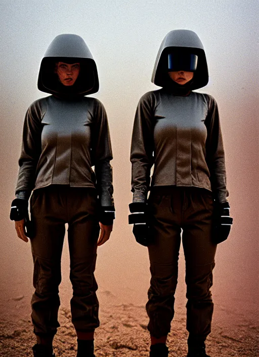 Image similar to cinestill 5 0 d photographic portrait of two loving clones, techwear women on a desolate plain, a brutalist dark metal facility in the background, dust storm, depth of field, 4 k, 8 k, hd, full color