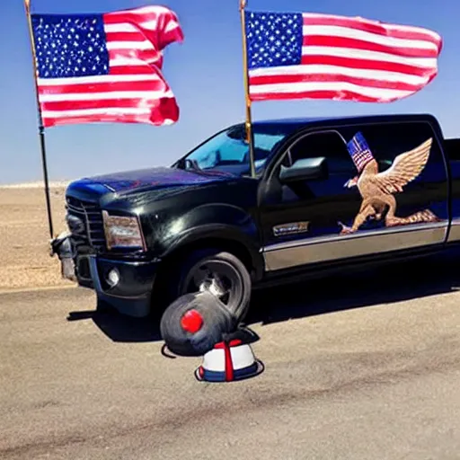 Image similar to photo of biden pickup truck with american flags, there are very attractive woman in the back of the truck by the tailgate in bikinis.