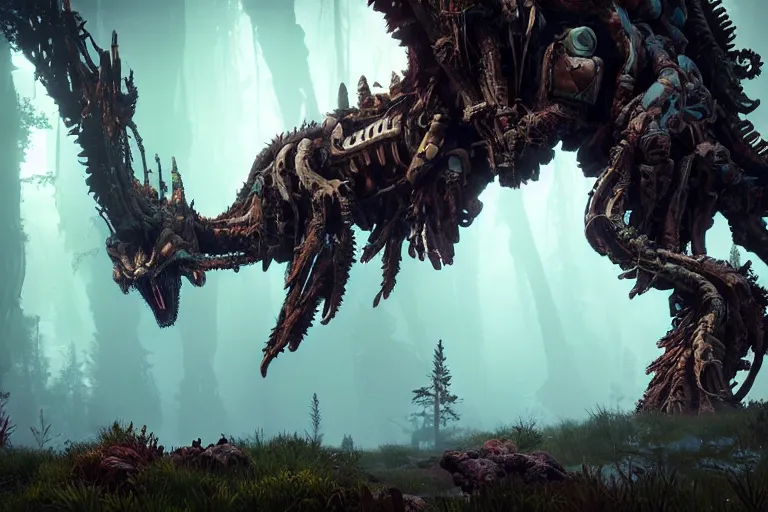 Image similar to wide epic shot from horizon forbidden west. a hyper detailed organic mechanic creatuve realistic similar look as horizon forbidden west horizon zero dawn, bioluminiscence in a dark deep forest at dawn in spring, with reflection and textures, by kilian eng, substance painter reaslitic mech surface metal painted scratches, world env from horizon forbidden west horizon zero dawn