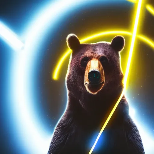 Image similar to portrait photo of bear as a jedi, blue and yellow lighting, dark, cinematic, high quality, 4 k