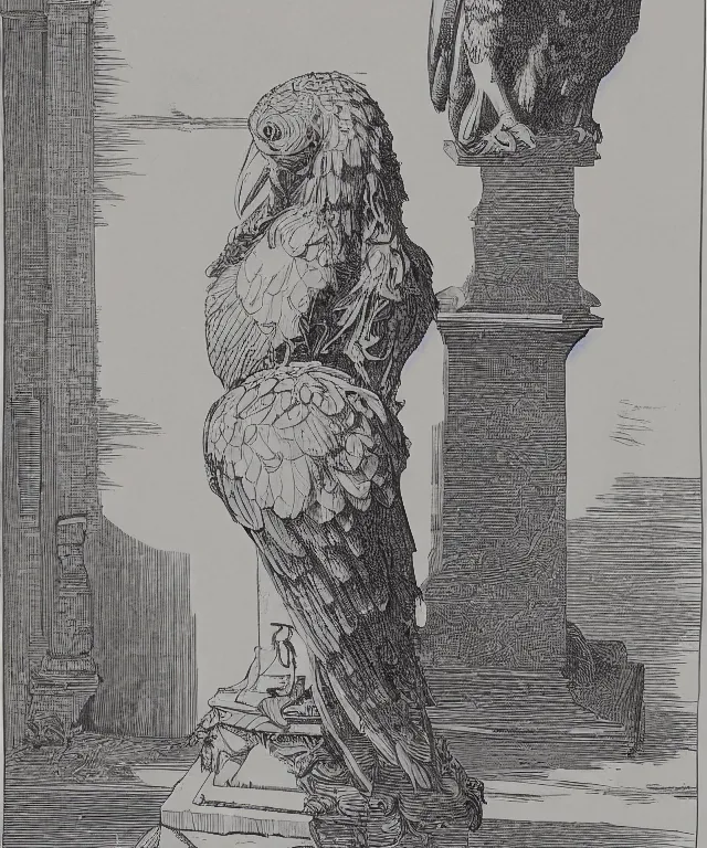 Prompt: raven sitting on a female marble bust on a white background, art by james o barr and albrecht durer and piranesi, woodblock print, engraved, black and white, vector, vector art