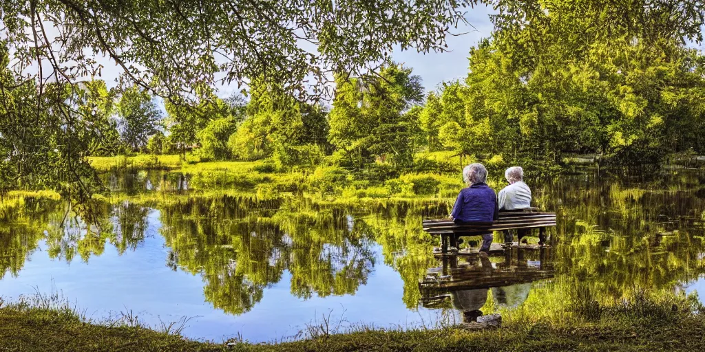 Image similar to mathematician and a philosopher sitting on a bench in front of a pond, intricate detailed reflection, HDR,