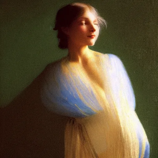 Prompt: a young woman's face, her hair is silver and she wears a cobalt blue satin cloak, by ivan aivazovsky and syd mead and moebius and gaston bussiere and roger dean and pieter claesz and paul delaroche and alma tadema and aelbert cuyp and willem claesz, hyperrealistic, volumetric light, octane render