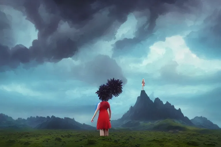 Image similar to closeup giant dahlia flower as head, girl standing on mountain, surreal photography, blue storm clouds, dramatic light, impressionist painting, digital painting, artstation, simon stalenhag