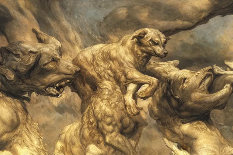 Image similar to hyperdetailed matte art of cerberus by william blake, ilya repin, amano, rene magritte, craig mullins, three headed dog, details