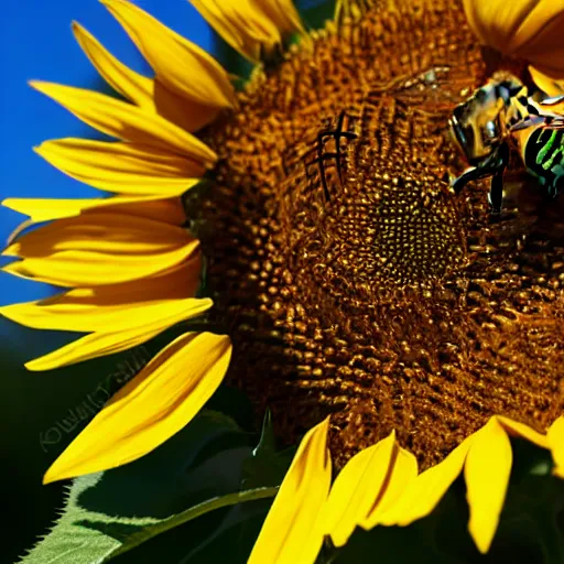 Prompt: photo, close up shot of honey bee on vibrant sunflower, golden hour