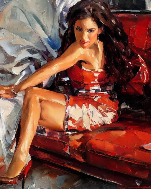 Prompt: a painting of a woman sitting on a couch, a fine art painting by michael garmash, deviantart, figurative art, detailed painting, oil on canvas, fine art