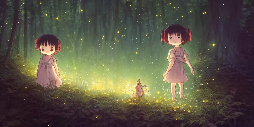 Image similar to small girl and the fireflies, by the pond in a forest, night sky. anime, fantasy, smooth. digital painting, by hayao miyazaki and rossdraws and artgerm and detmold and greg rutkowski and alphonse mucha. artstation. beautiful, high quality, stunning, intricate detailed environment. 8 k