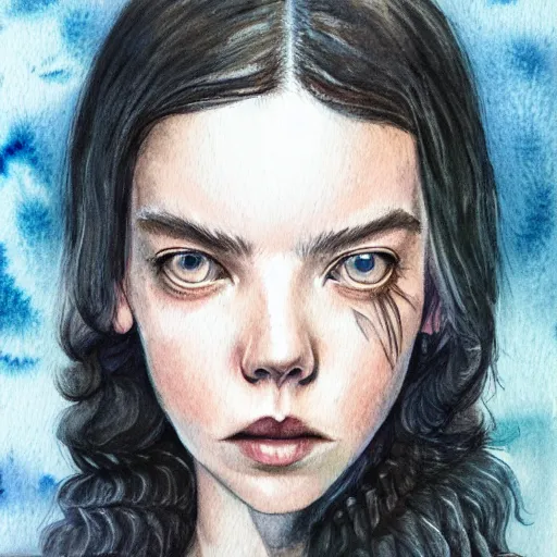 Prompt: full body detailed watercolor illustration of alien anya taylor - joy mixed with jennifer connelly, reading a book, unsettling, hooded long black feathered cloak, uncanny valley, with black feathers instead of hair, gothic, guillermo del toro, gray mottled skin, pale and sickly, profile view, - - ar 9 : 1 6