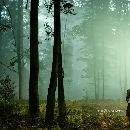 Prompt: thomas shelby in a hazy forest at dusk, film still, glowing light, moody lightning, stunning photo dslr, hyper realistic, intricate environment