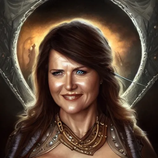 Prompt: portrait of Lucy Lawless as a warrior woman, looking at camera, D&D, intricate, elegant, stylish, cute smile, mouth slightly open, fantasy, extremely detailed, digital painting, artstation, concept art, smooth, sharp focus, illustration, stunning lighting, art by artgerm and greg rutkowski and alphonse mucha and simon stalenhag.