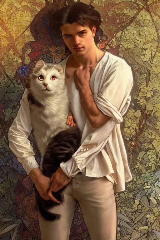 Image similar to full body portrait of a single beautiful young fit man, modern haircut, open shirt, large pants, holding a detailed photorealistic cat in his arms. by greg rutkowski and alphonse mucha, d & d character, in front of a modern room background, highly detailed portrait, digital painting, artstation, concept art, smooth, sharp focus ilustration, artstation hq