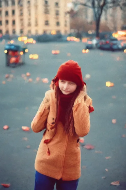 Prompt: a lomographic photo of a girl in moscow, autumn, cinestill, bokeh