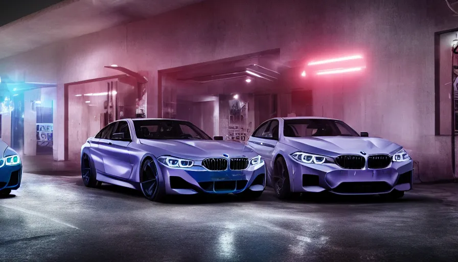 Image similar to bmw marketing photo, neon lights, light streaks, octane render