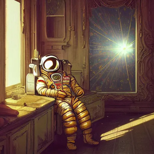 Prompt: a single cosmonaut in a spacesuit drinks a steaming cup of tea at an old wooden desk in a richly decorated house. :: by beeple and James Gilleard and Justin Gerard :: the autumn light comes in through a window and dimly illuminates the room. Ornate, dynamic, particulate, intricate, elegant, highly detailed, centered, artstation, smooth, sharp focus, photoreal octane render, 3d