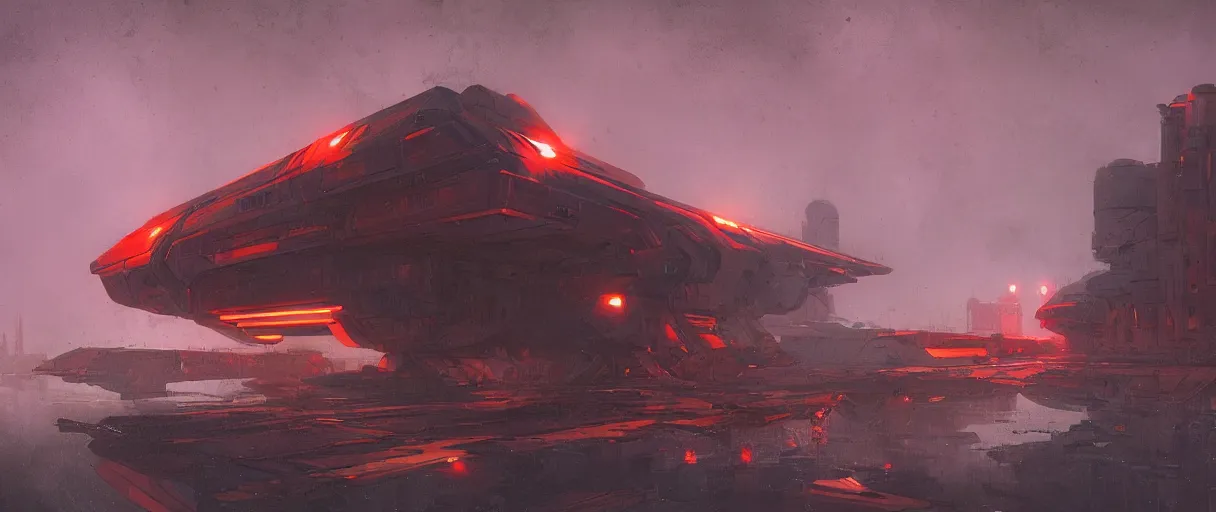 Image similar to heavy mechanical starship with red and orange glow, by Ian McQue and Greg Rutkowski, dieselpunk, concrete brutalism buildings by le corbusier on the background, dark, foggy, puddles of water, woods, sunrise, stunning skies, high quality, volumetric lighting, cryengine