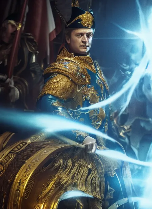 Prompt: zelensky as emperor napoleon in elden ring, splash art, movie still, cinematic lighting, dramatic, octane render, long lens, shallow depth of field, bokeh, anamorphic lens flare, 8 k, hyper detailed, 3 5 mm film grain