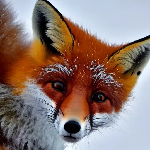 Image similar to Up close Photorealistic photograph of a cute fox in snow, photorealism, photorealistic, realism, real, highly detailed, ultra detailed, detailed, shutter speed 1/1000, Canon EOS 90D, up-close, Wildlife Photographer of the Year, Pulitzer Prize for Photography, 8k