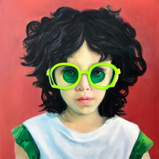 Prompt: a cute girl with curly black hair wears a green shirt, she wears harry potter glasses, oil painting