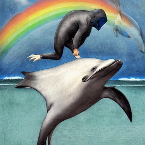 Image similar to the grim reaper on the back of a dolphin that is jumping over a rainbow, by santiago caruso,