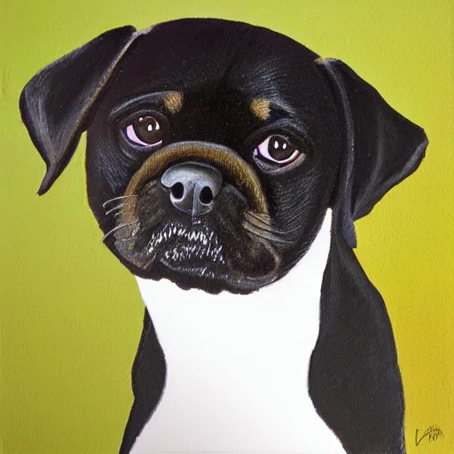 Prompt: portrait of black pugalier dog, by ken done