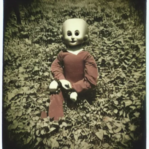 Image similar to Polaroid photo of a creepy doll found in a forest bush through the leaves