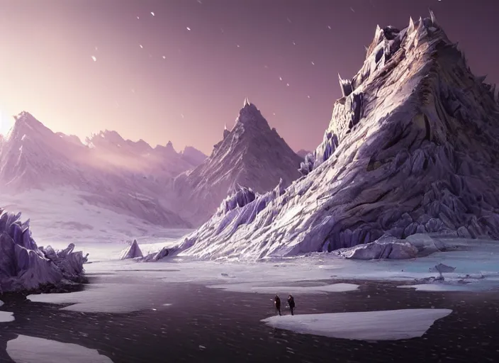 Image similar to detailed intricate digital illustration by greg rutkowski and wlop and sanford robinson gifford ; icy glacier landscape with shards of purple glistening geode sticking up from the ground like mountains, puffy clouds and snow ; 1 3 mm film, arri alfa anamorphic lens ; sharp focus, golden hour lighting, trending on artstation 4 k