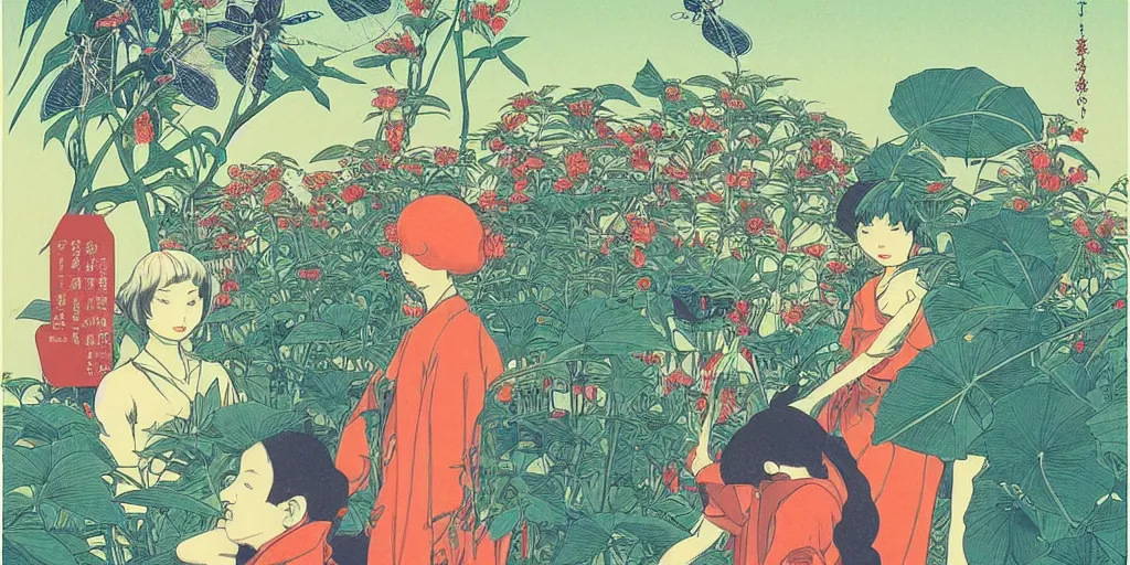 Image similar to gigantic robotic dragonflies with human faces catch tiny robots, a lot of exotic plants around, human heads everywhere, risograph by kawase hasui, edward hopper, satoshi kon and moebius, no text!, colorful flat surreal design, super - detailed, a lot of tiny details, fullshot