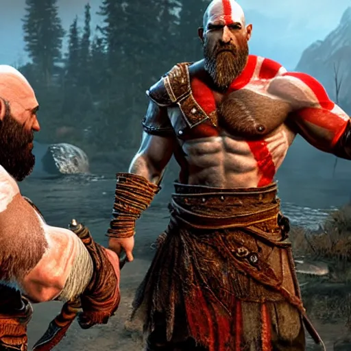 Prompt: screenshot of the game God of War with Kratos and walter white