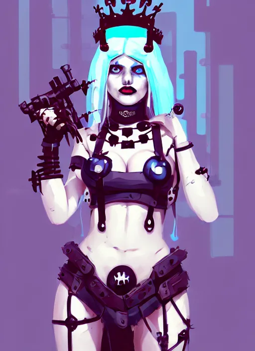 Prompt: portrait of cute goth harley quinn girl with crown of thorns in cyber bikini armor, warhammer, cyberpunk, by atey ghailan, by greg rutkowski, by greg tocchini, by james gilleard, by joe gb fenton, by kaethe butcher, dynamic lighting, gradient light blue, brown, blonde cream and white color in scheme, grunge aesthetic