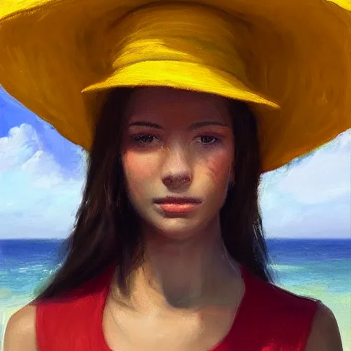 Image similar to beautiful oil matte portrait painting, young woman with red dress and mustard yellow summer hat at a beach on a sunny day, wonderful masterpiece highly detailed, beautiful cinematic light deep focus, elegant, digital painting, smooth, sharp focus, golden ratio, dramatic illumination, ultra realistic, 8 k, art by jenny saville