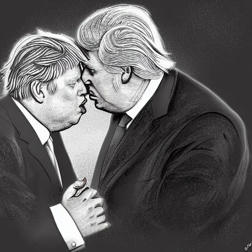 Prompt: a beautiful detailed digital art piece of boris johnson and donald trump kissing, visual art, deviantart, artstation, digital art