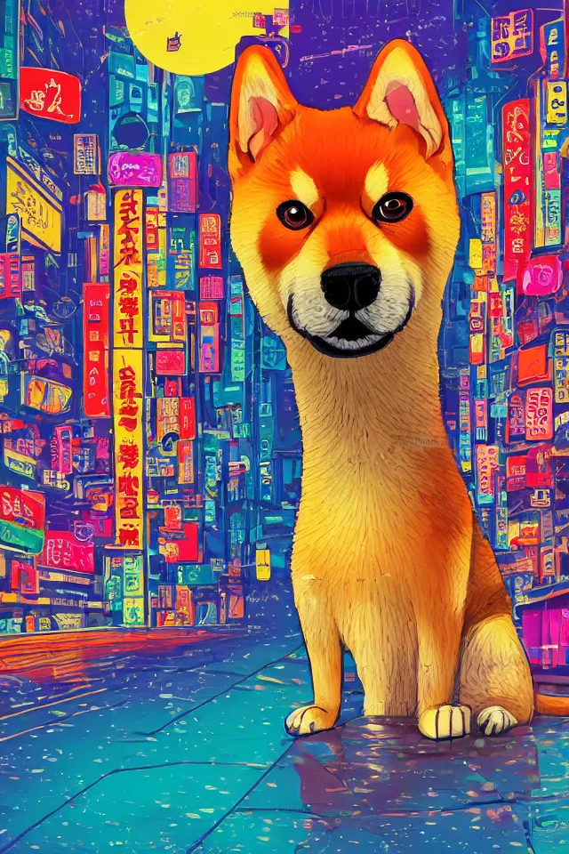 Image similar to a portrait of a shiba inu dog in the neon streets of tokyo, in the style of studio ghibli, artistic, colorful palette, highly detailed