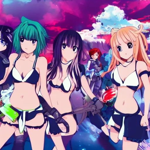 Image similar to a group of girls fighting with monster,anime