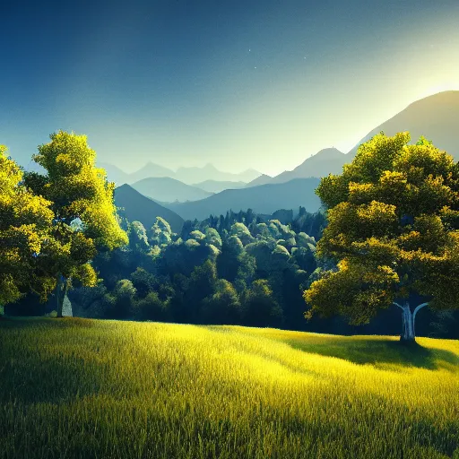 Image similar to Beautiful landscape with trees and hills in the distance, daylight and clear blue sky, trees blowing in the wind. digital art, very detailed, trending on artstation, 4K wallpaper