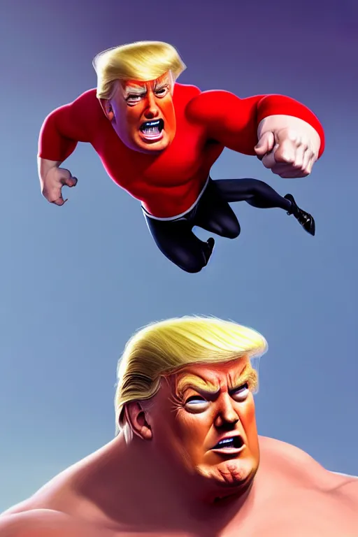 Image similar to trump as mr. incredible from the incredibles, hyper realistic, highly detailed, digital painting, trending on artstation, concept art, sharp focus, illustration, art by artgerm and greg rutkowski and fuji choko and viktoria gavrilenko and hoang lap