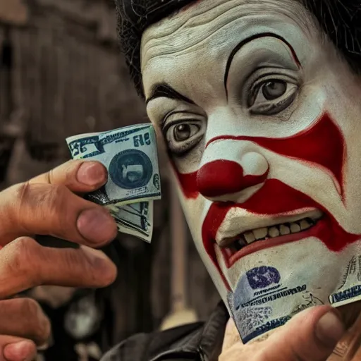 Image similar to A clown holding a dollar banknote, background is a slum, cinematic, epic, highly-detailed, photo realistic