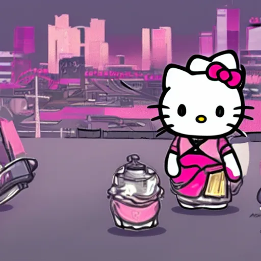 Image similar to hello kitty samurai in cyperpunk city, concept art